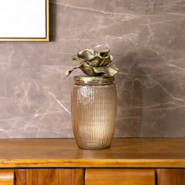Aurum Deco jar with leaf lid gold luster glass 14x14x30 cm