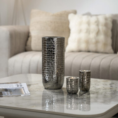 Delyn Ceramic Silver Set of Three Gift Set, Vase 13x13x29cm Candle Holders 6.5×6.5x11cm 6.5×6.5x8cm
