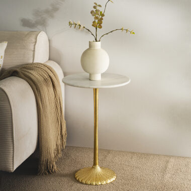 Braided Base Gold Accent Table Marble Top -Gold White