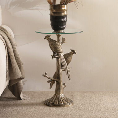 Pheasants Accent Table Glass Top -Antique Gold