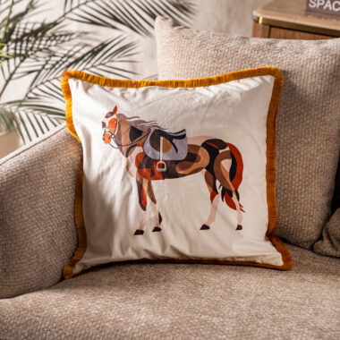 Miraj Printed Velvet Cushion Horse Gold/White -45x45cm