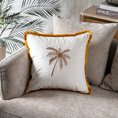 Miraj Embroidery Velvet Cushion Palm Gold/White -45x45cm