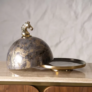 Galiora Horse Cake Dome Gold & Grey -26.3×26.3×25.5cm