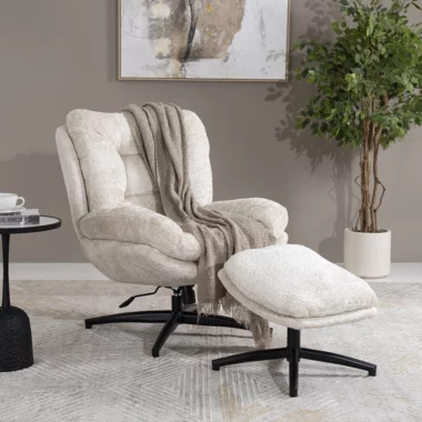 Scandi Lounge Chair With Stool – Offwhite