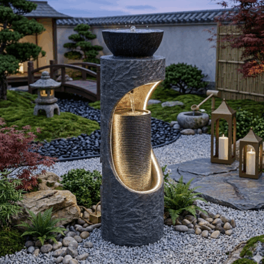Serene Illuminated Pillar Outdoor Fountain -Grey