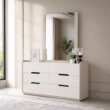 The Warner Dresser With Mirror & Stool – Grey & Cream White